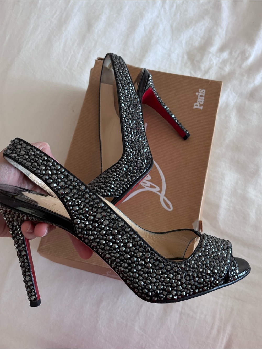 Christian Louboutin Black Swarovski Crystal Slingback Peep-Toe Pumps size 41